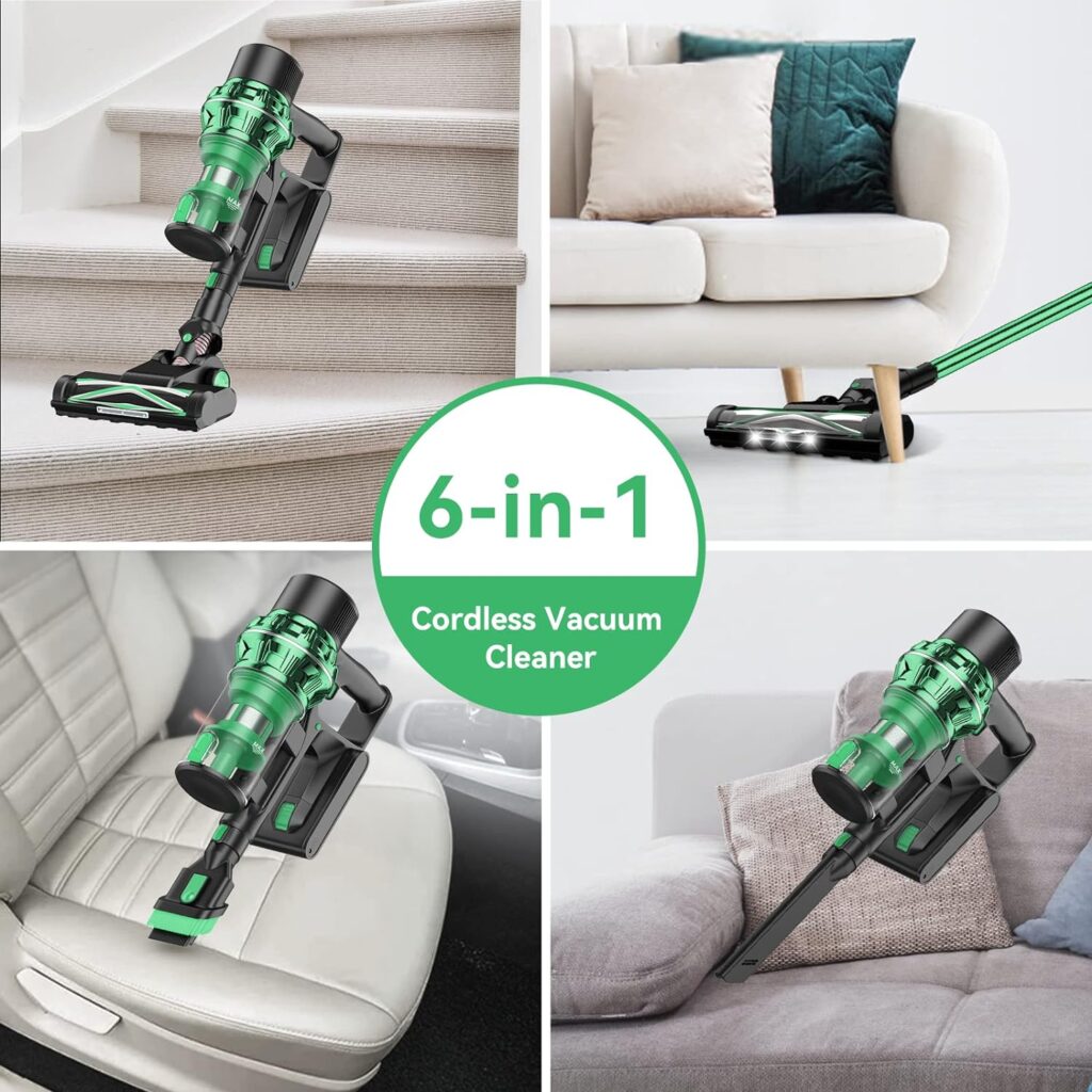 FirstLove Stick Vacuum Cleaner, Cordless Vacuum Cleaner with with Lighting Detachable Battery for Hard Floor Carpet Pet Hair - Green