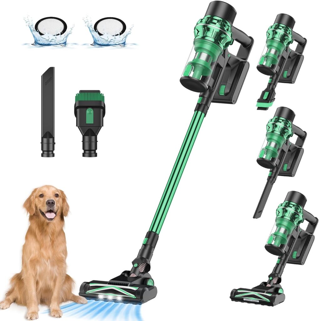 FirstLove Stick Vacuum Cleaner, Cordless Vacuum Cleaner with with Lighting Detachable Battery for Hard Floor Carpet Pet Hair - Green